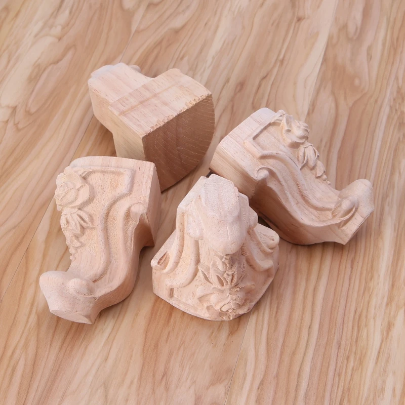 2021 New Wooden Furniture Legs Solid Wood Flower Carved TV Cabinet Seat Feet No Painting