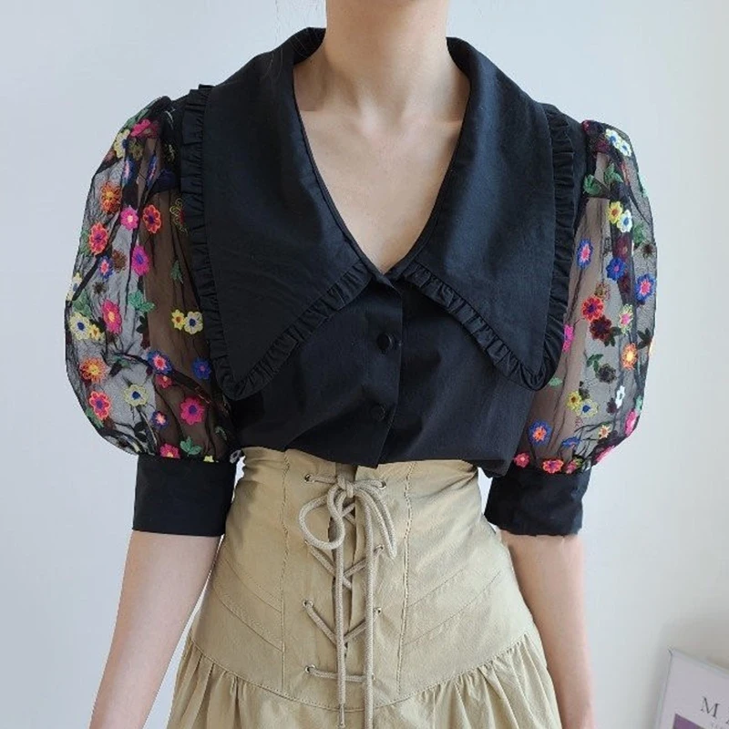

ZOSOL Korean Chic Gentle Retro Doll Collar Single Breasted Stitching Mesh Embroidered Daisy Puff Sleeve Shirt Women