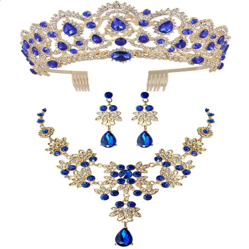3Pcs Blue Set Барокко Винтаж золото Красный Зеленый Синий Кристалл Свадебные Ювелирные наборы ожерелье серьги корона с гребнем африканские бусы Ювелирные наборы - Окраска металла: 3Pcs Blue Set