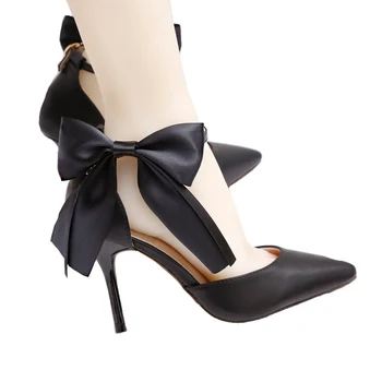 

9cm High Heels Black Wedding Shoes Women Pumps Ribbon Bow Stiletto Ankle Strap Bridal Party Ladies Shoes Pointed Toe Sandals
