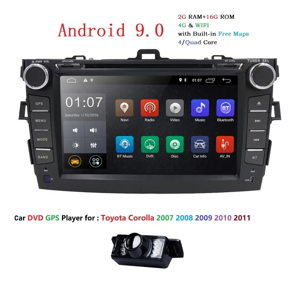

For Toyota Corolla 2007-2011 2Din Android 9.0 Car DVD Player Stereo Radio GPS Navigation 8" Bluetooth WIFI DAB Touch Screen+Cam