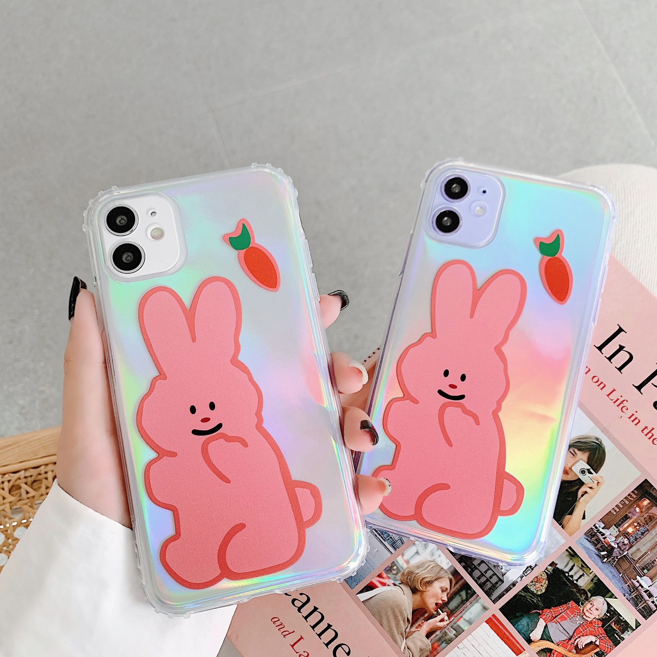 

Cute Rabbit laser phone case for iphone 11 Pro Max case New soft silicone for iphone XR XS MAX 7 8 plus cover clear fundas back