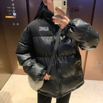 

Women Korean Version of Loose Black Cotton Jacket Winter PU Leather Shiny Thick coat women Tide