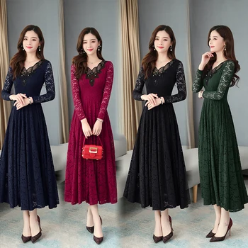 

Casual Lace Dress Women Summer Retro Elegant Solid Color Long Sleeve Big Swing Pleated Party Dresses Female Vestidos Robes