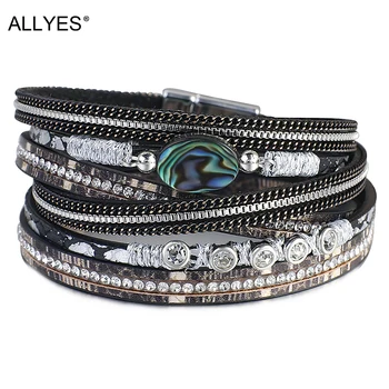 

ALLYES Multilayer Boho Crystal Leather Bracelets for Women Natural Abalone shell Charm Wrap Bracelets Fashion Jewelry