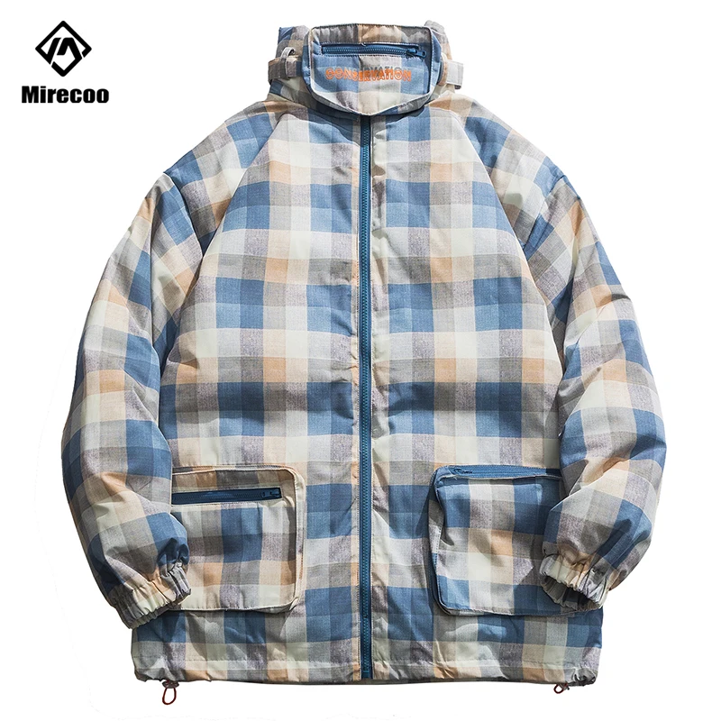 Plaid Down Parka Mannen Winter Jas Commander Jas Pocket Mannen Bomber Jacket Parka Mannen Hip Hop Jas Mannen Streetwear Uitloper paar