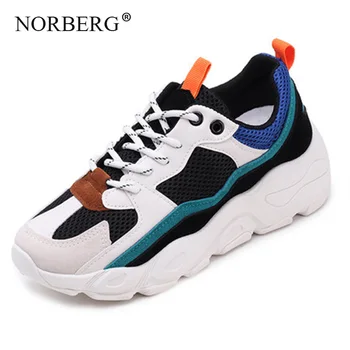 

NORBERG new woman running shoes mesh color matching breathable fashion sports shoes thick bottom strap elastic vulcanized shoes