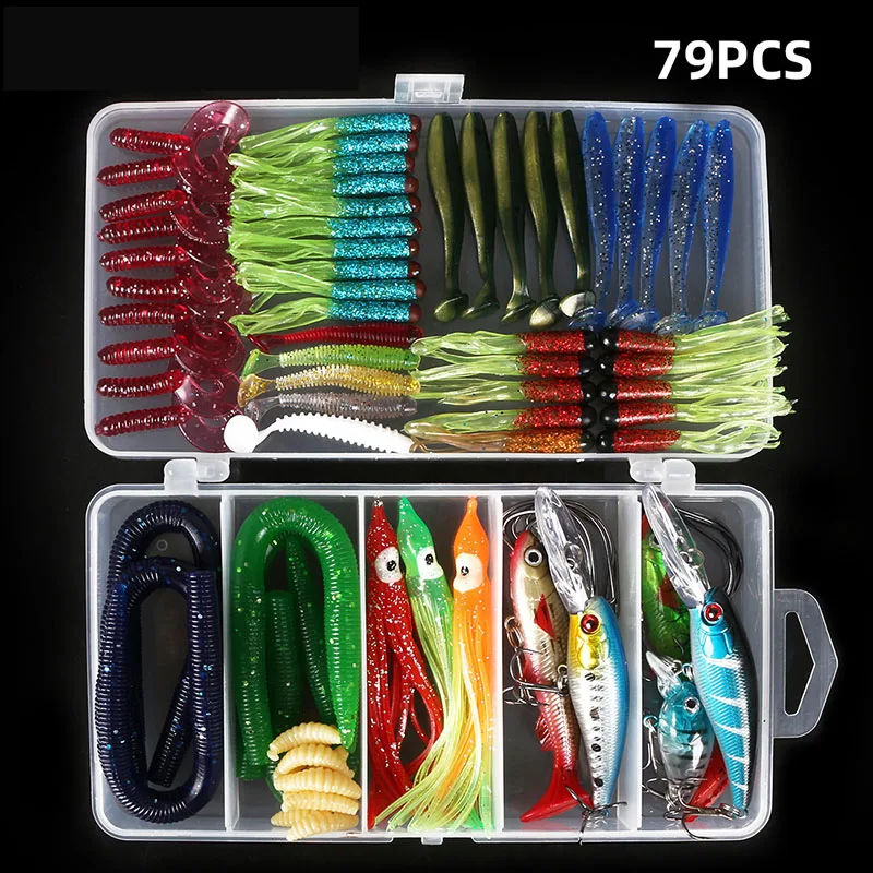 

79 pcs soft baits fishing lures pencil lure T-tail crank hook of lead fish with hard bait catfish trout banana fish carp bait