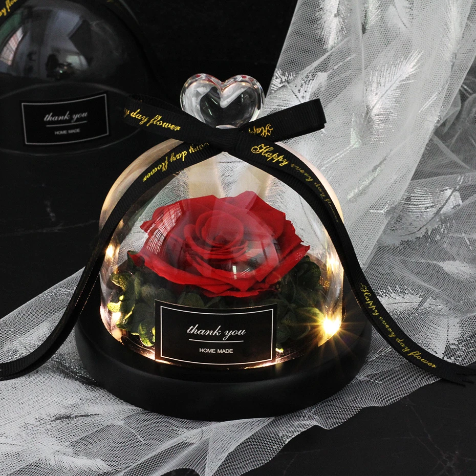 

LED Beauty And The Beast Red Rose In Flask Glass Eternal Roses For Christmas Gifts Family Decoration Valentines Day Gift