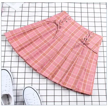 

Lychee Girls Solid Plaid Printed Pleated Women Skirt A Line Summer Lady Skirts Bottoms Lace Up Preppy Female Skirt Bottom