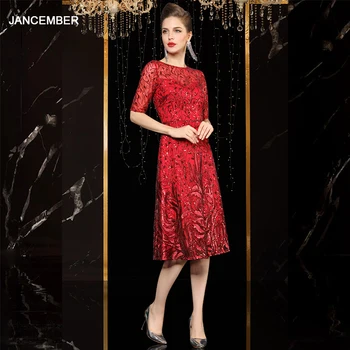 

JANCEMBER Deep V Evening Dress Petal Edge Short Sleeve Plus Size Evening Gown Illusion Dress Women Embroidery Sequin Платье