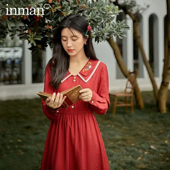 

INMAN 2020 Autumn New Arrival Retro Style Neckline Embroidered Double Lapel High-waisted Long-sleeve Dress