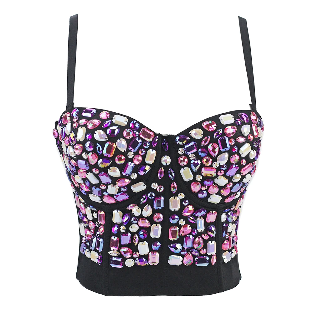 

Summer Rhinestone Bustier Crop Top Women Fuchsia Sleeveless Top Party Night Club Tank Tops