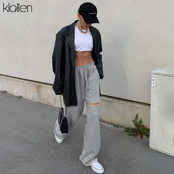 

KLALIEN summer fashion casual hole wide Leg Pants women streetwear loose high waist elastic soft female pant women's bottoms