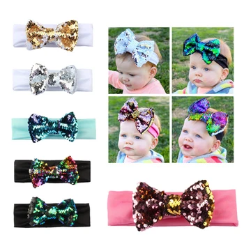 

New children's hair accessories baby color sequins bow solid color elastic hair band children's headband unisex