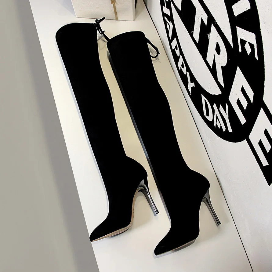 Autumn Winter Women Long Boots Stretch Flock Lace-Up Fashion Woman Over The Knee Black Thigh High Pointed Lady Party Shoes | Обувь