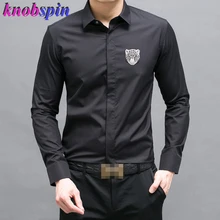 Модная мужская рубашка с вышивкой в виде головы леопарда, брендовая тонкая рубашка из чистого хлопка с длинным рукавом, однотонная Повседневная Деловая мужская рубашка