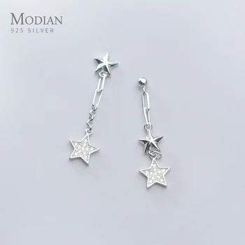 

MODIAN Fashion Stars Asymmetry Drop Earring for Women 925 Sterling Silver Long Chain Pentagram Dangle Earring Fine Jewelry Gift