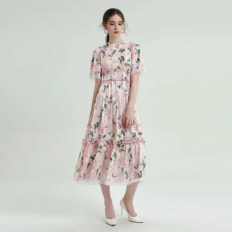 

HIGH QUALITY Newest Fashion Runway 2019 Designer Dress Women's Short Sleeve Lily Floral Print Midi Dress