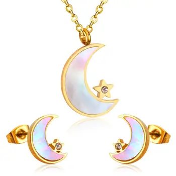 

LUXUKISSKIDS New Moon Star With Crystal Jewellery Sets Stainless Steel Gold Color Dubai Shell Dubai Wedding Bridal Jewelry Sets