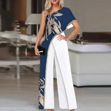 

VONDA Women Long Jumpsuits Casual Wide Leg Pants Palazzo Loose Pantalon Vintage Printed One Shoulder Office Overalls Dungaree