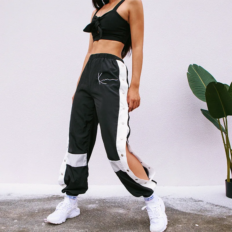 HOUZHOU Joggers Women Pants Fashion Patchwork Sweatpants Harem Casual Side Split Button Panelled High Waist Trousers Streetwear HOUZHOU Joggers Women Pants Fashion Patchwork Sweatpants Harem Casual Side Split Button Panelled High Waist Trousers Streetwear