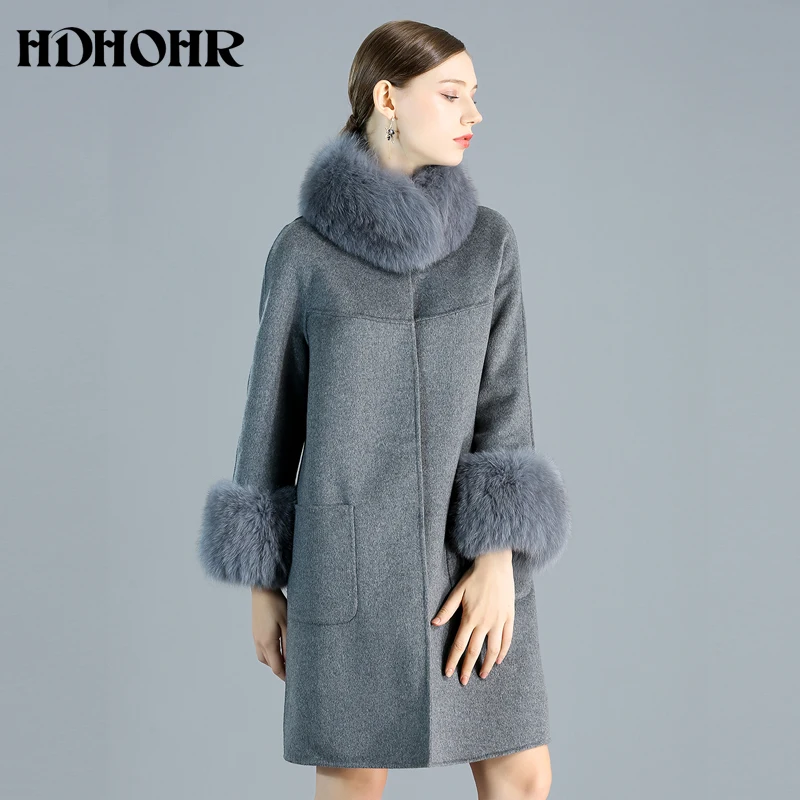 HDHOHR Новое кашемировое пальто женский воротник с натуральным лисьим мехом Куртка тонкая мода зима Натуральная лиса женское меховое пальто