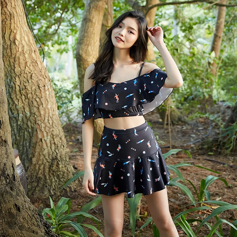 

Bathing Suit Women's 2019 New Style Split Type Two-Piece Set High Waist Skirt Camisole off-Shoulder Conservative Belly Covering