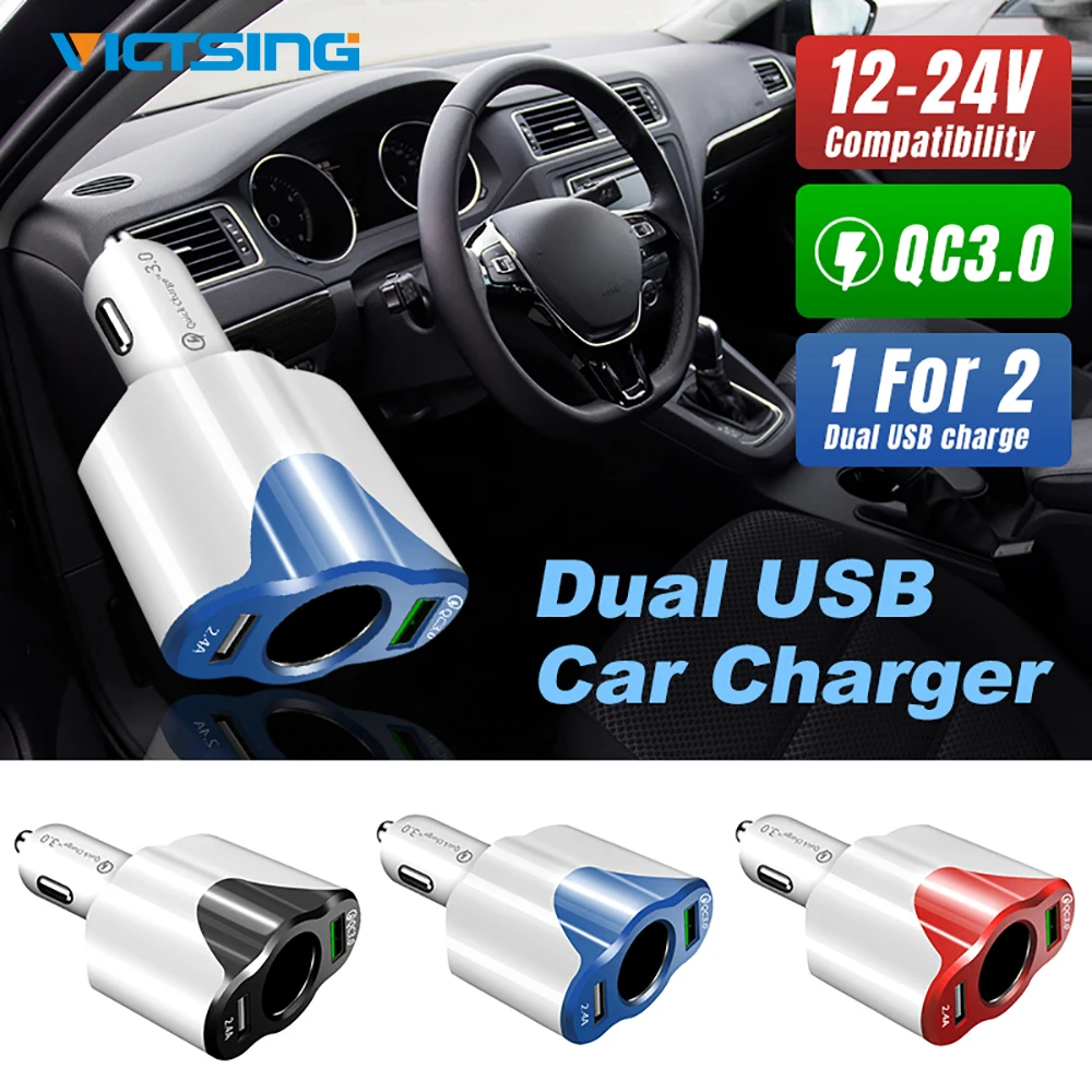 

Multifunctional QC3.0 Car Charger Dual USB Cigarette Lighter Adapter with Digital Display 12/24V 2 in 1 Socket Universal Charger