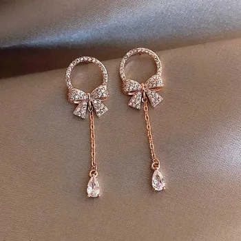 

Fashion Sweet AAA CZ Zircon Bow Tassel Earrings For Women Simple Crystal Bowknot Earrings Girls Statement Jewelry