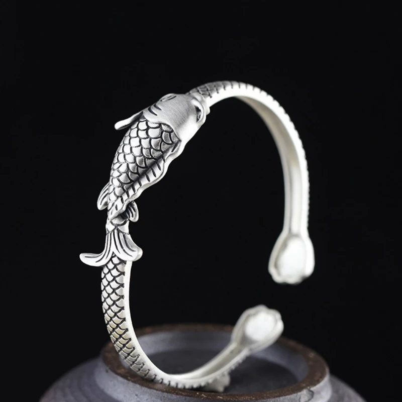 

925 Sterling Silver Carved Fish Bracelet Lotus Leaf Lotus Peng Xiangyun Dumb Handmade Fashion Individual Opening Female Style