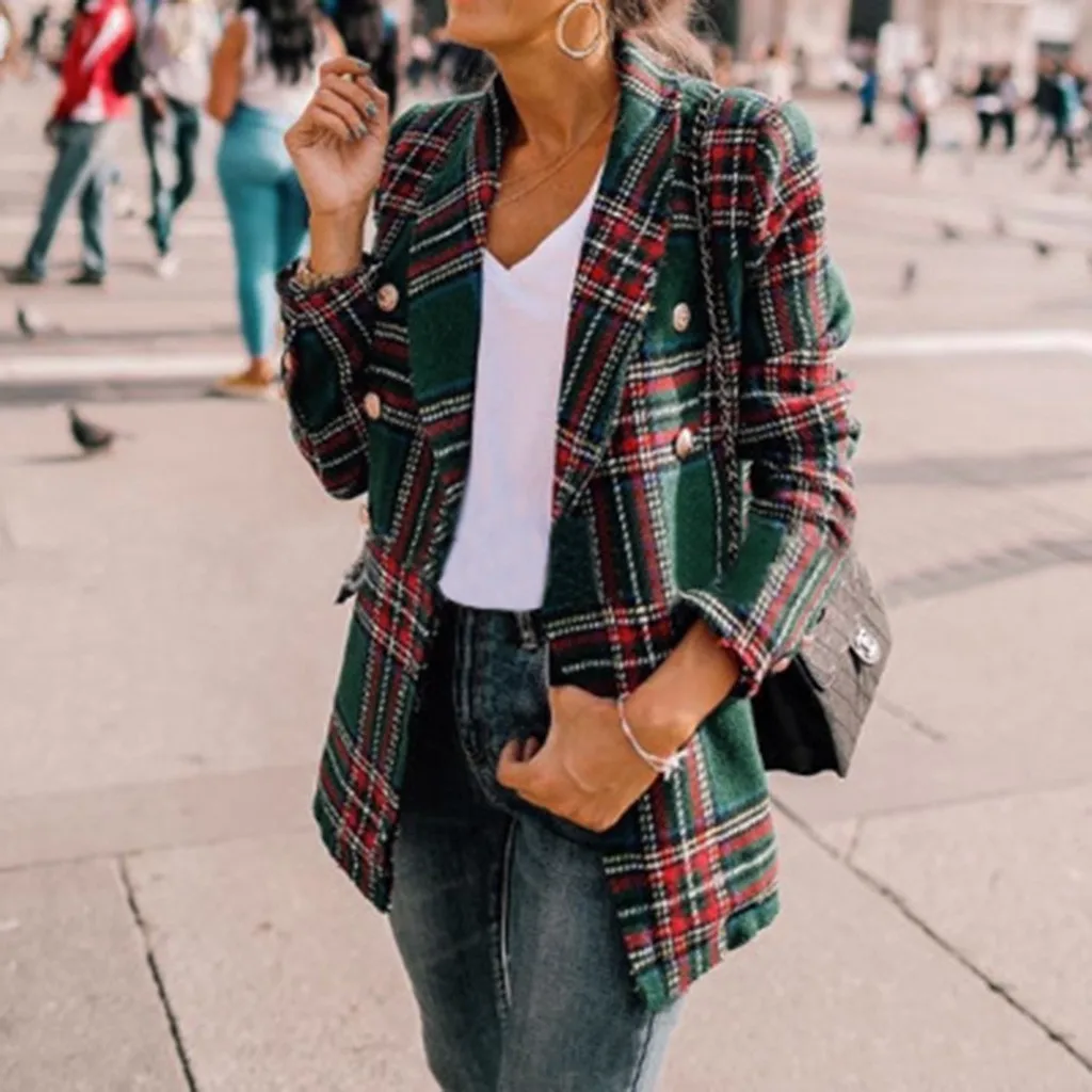 

Plaid Women Blazer Button British Autumn And Winter Long-sleeve Double-Sided Clothes Long Blazer Coat Office Wear Ladies Blazer