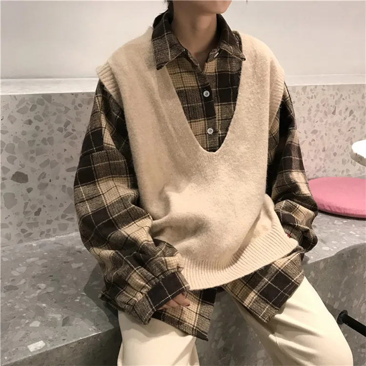 Harajuku Stylw шикарный Однотонный свитер жилет для колледжа для женщин на улице осень/зима ветер v-образным вырезом жилет клетчатая рубашка куртка