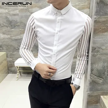 

Men Shirt Clubwear Long Sleeve Lapel Blouse Solid Color Fashion Lace Patchwork Party Korean Men Dress Shirts Plus Size INCERUN