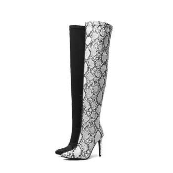 

Mixed colors Women boots high heels knee high boots pointed toe patchwork boots high quality knee high boots large size 34-43