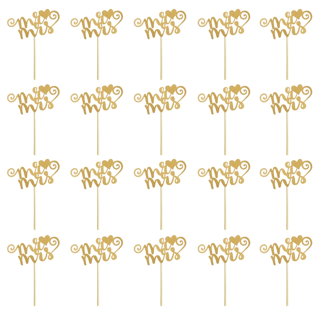20pcs/set Glitter Paper Wedding Mr & Mrs Heart Cake Cupcake Topper Pick Decor Gold/Silver