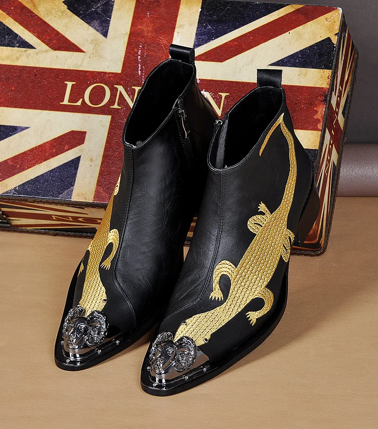 

Christia Bella Golden Lizard Pattern Embroidery Genuine Leather Man Cowboy Ankle Boots Party Dress Male Black Zipper Short Boots