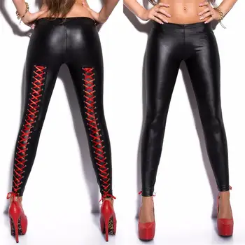 

Lady Lace Up Metallic Faux Leather Leggings Hip Lifting Low Waist Skinny Pants Women Clothing Pants Elegant slim Pencil Pants