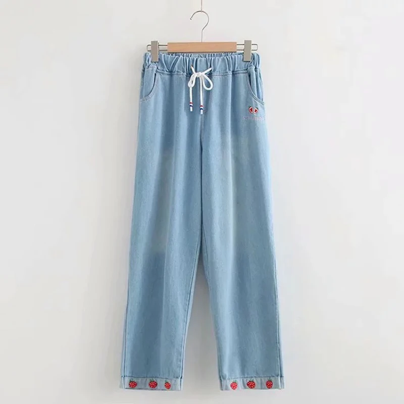 Women's casual preppy style Cute strawberry embroidery Fashion Design jeans loose Straight pants Elastic waist nine Denim Jeans