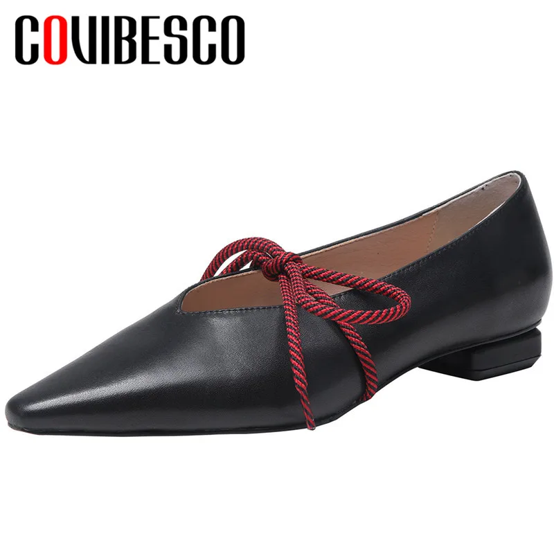 

COVIBESCO Women Pumps Cow Leather Spring Autumn Casual Pointed Toe Butterfly Knot High Quality Square Heeled Shoes Women