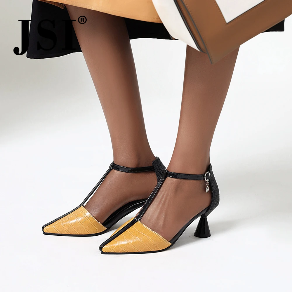 

JSI Pointed Toe Women Pumps T-Tied Buckle Strap Animal Pattern High Quality Strange Style Heels Shoes Fashion Ladies Pumps JE353