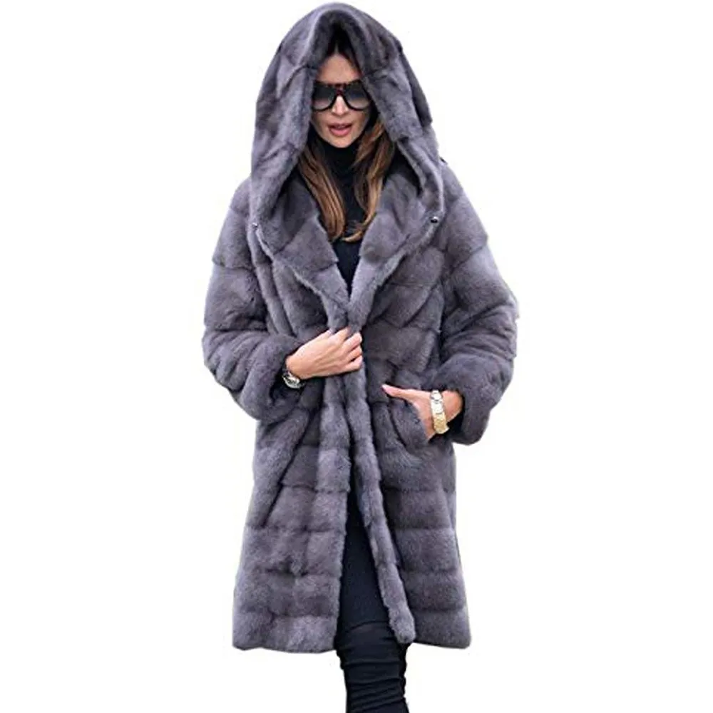 Зимнее модное пальто из искусственного меха, Женская свободная теплая меховая куртка с капюшоном, длинные пальто, женское пушистое Мягкое повседневное меховое пальто, толстое пальто - Цвет: 2