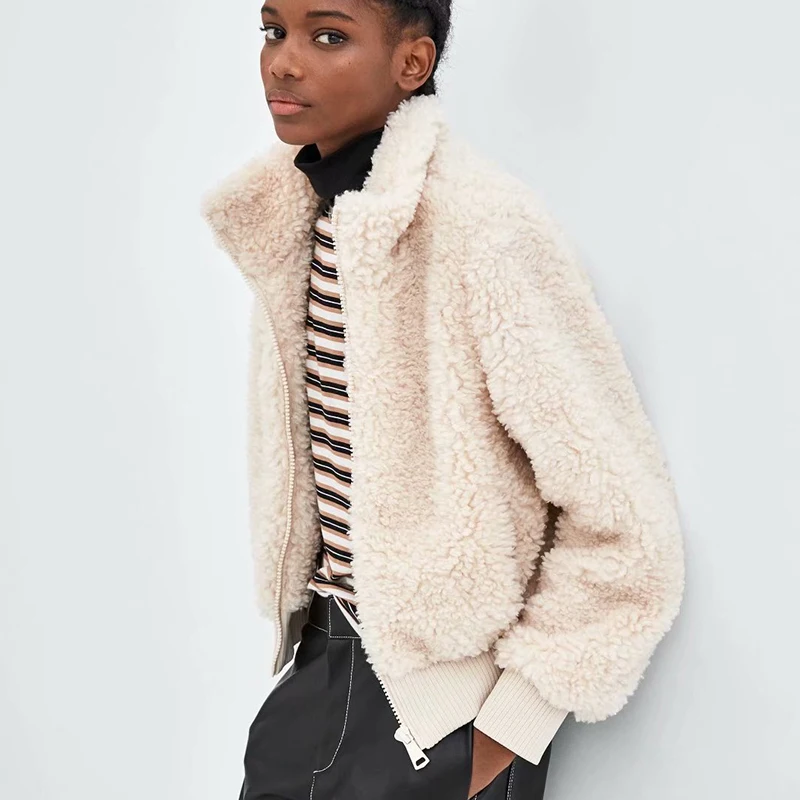 

Paris Girl Women Stand-up Collar White Lamb Wool Jacket Autumn Winter Warm Soft Thick Plush Zipper Overcoat Short Outerwear