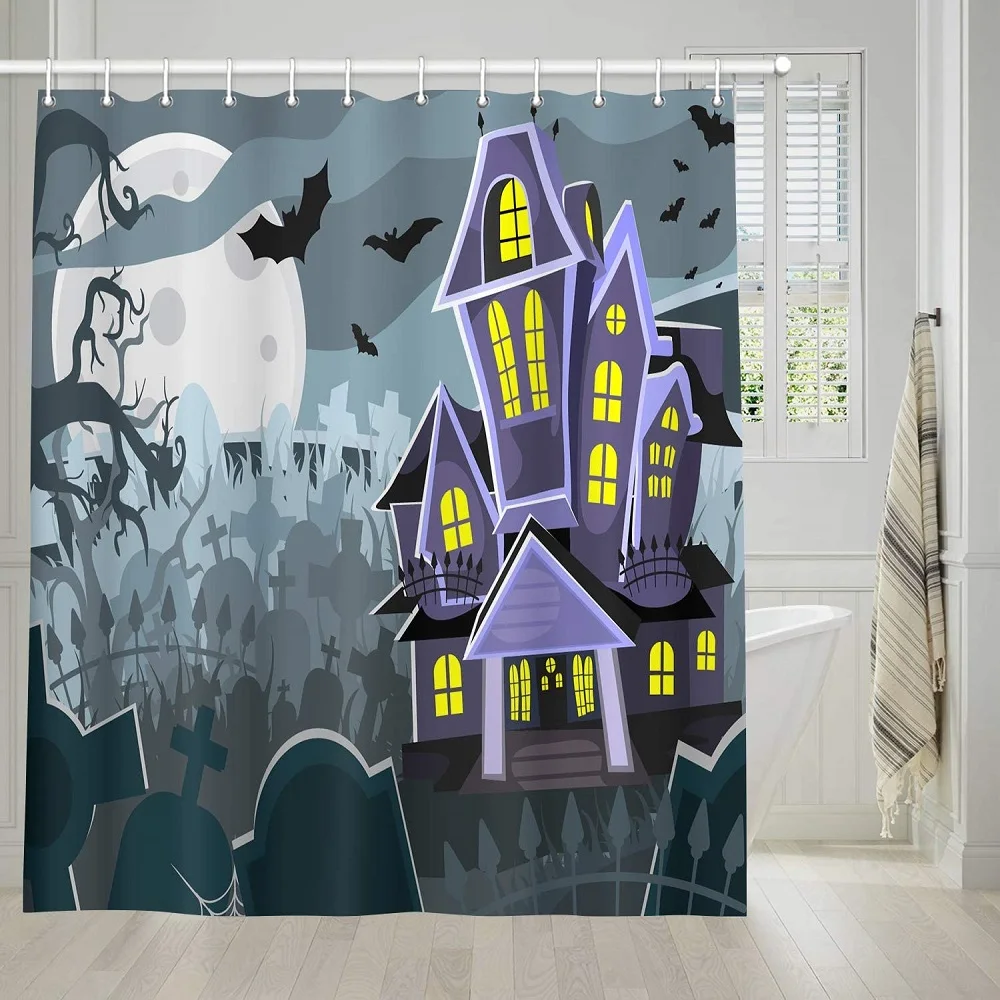 

Halloween Shower Curtain for The, All Hallows' Eve Decor Ghost CastleTheCemetery with Black Bat ,Waterproof Shower CurtainDecor
