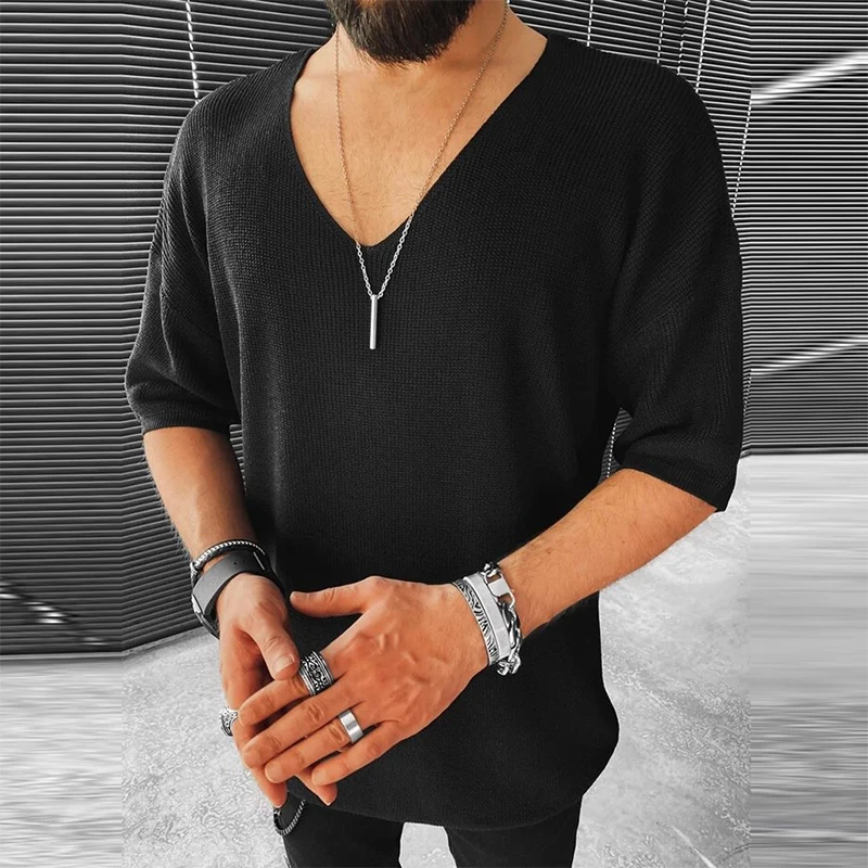 Mens Casual Knitted Sweater Half Sleeve V-Neck Solid Jumpers Tops Fashion Slim Fit for Men turtleneck sweater basic sweater jacquard sweater