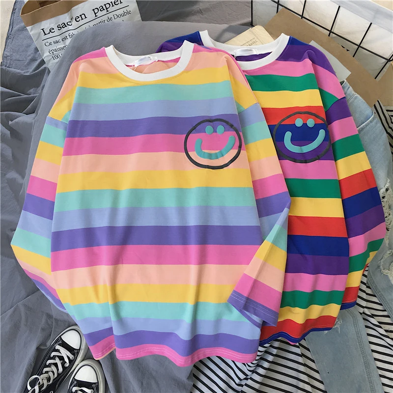 Новинка весны, Женская Футболка harajuku с длинным рукавом, цветные полосатые женские футболки, корейские свободные повседневные женские топы больших размеров