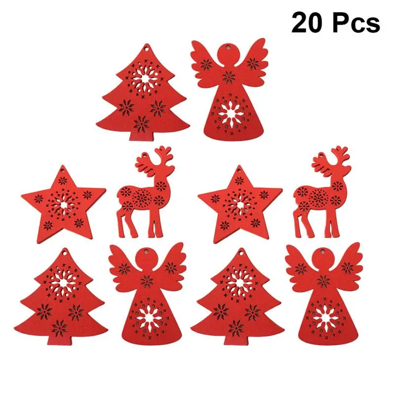20Pcs Christmas Tree Pendant Wooden Hanging Decoration Home Ornaments Layout Decorative Props Random Style Red