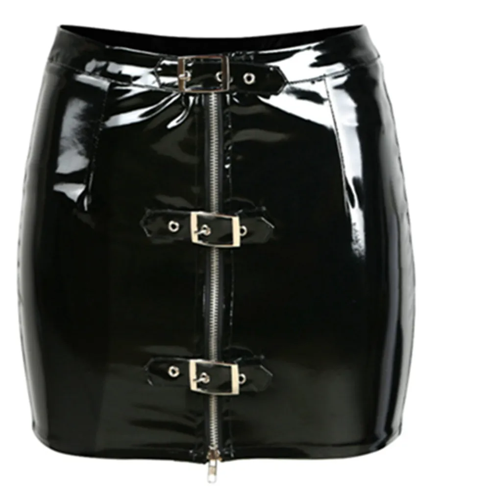 

S-XXXL Sexy Black Wet Look PVC Latex Pencil Skirt Vinyl Zipper Adjustable Button Shiny Clubwear Bodycon Mini Skirt