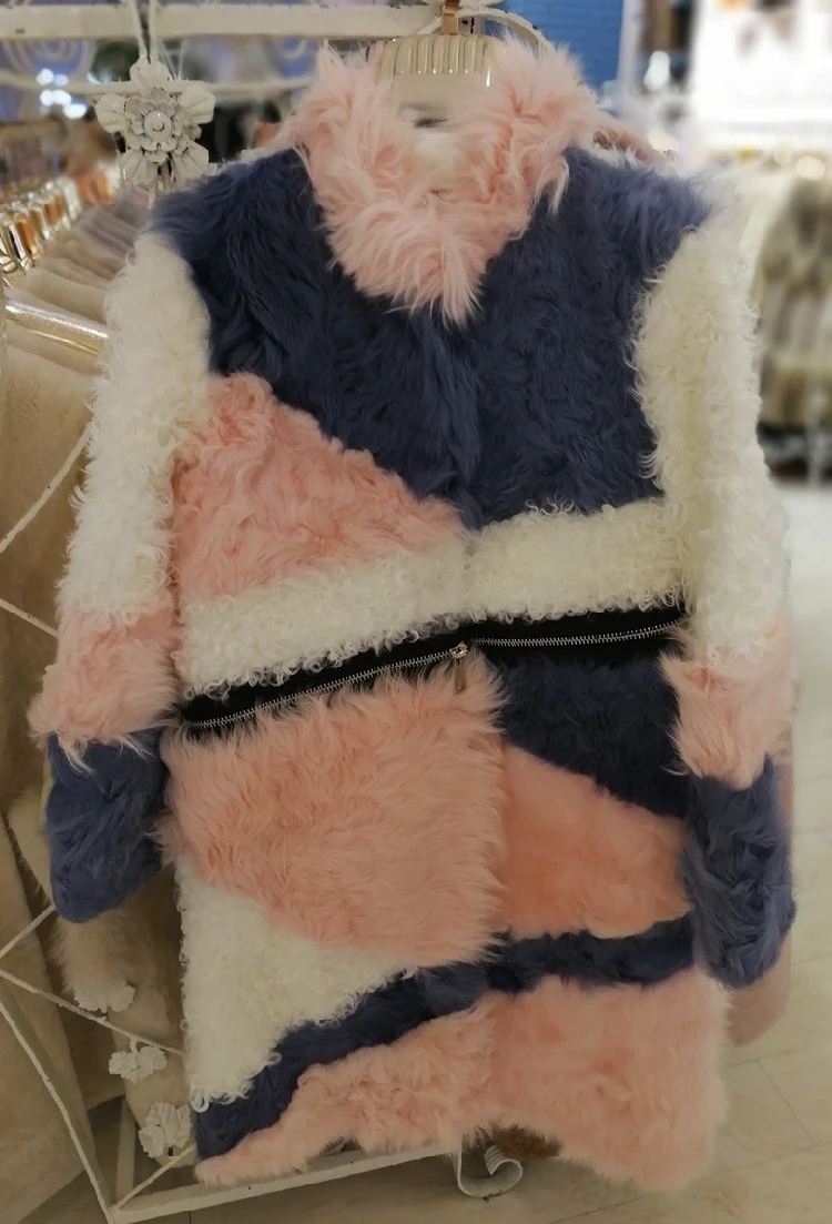 

New Fur-in-one lamb wool mid-long collar pink grey patchwork fur coat