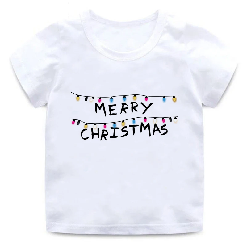 Children's t-shirt European and American Christmas letter lights solid color short-sleeved round neck boys girls | Детская одежда и